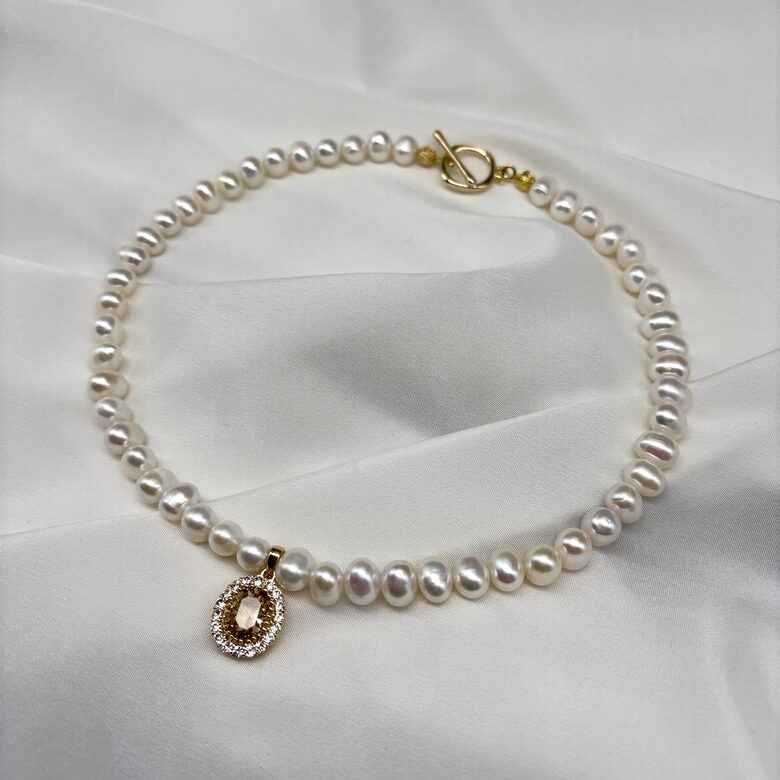 Pearl Necklace - Golden Zircon Pendant