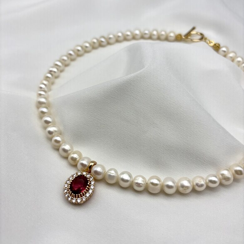 Pearl Necklace - Red Zircon Pendant