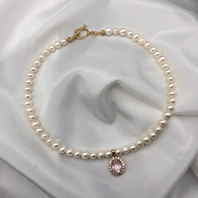 Pearl Necklace - Pink Zircon Pendant