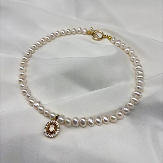 Pearl Necklace - Golden Zircon Pendant