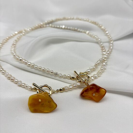 Pearl Necklace - Baltic Amber Pendant